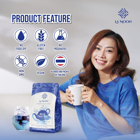 7.05 Oz. LA MOON TEA Blue Thai Tea Mix - Traditional Loose Leaf Thai Tea Mix from Butterfly Pea Flower and Assam Black
