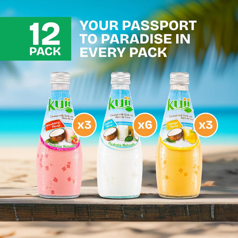 Pack 12 Count 9.8 oz Kuii Coconut Milk Drink Variety with Original Coconut, Strawberry & Mango Flavors Refreshing
