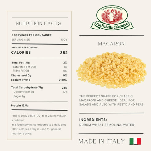 500g 5-7 Rustichella d'Abruzzo Macaroni Pasta - Classic Durum Wheat Small Pasta - Perfect for Macaroni and Cheese