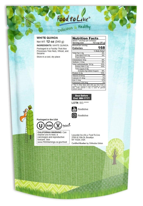12 Food to Live White Quinoa, Ounces All Natural Whole Grain, Perfect for Salads, Soups, Quick and Easy to Cook, Meal