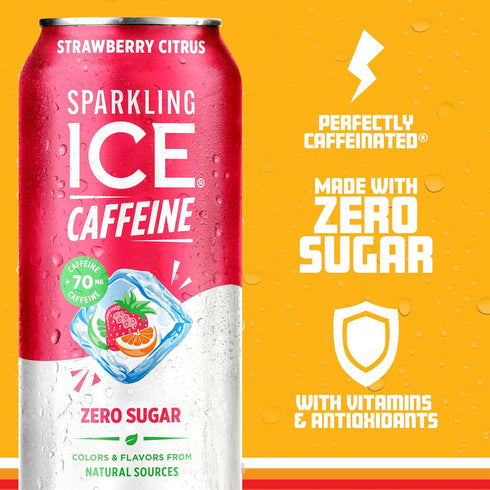 Vitamins,16 oz (Pack 12) Sparkling Ice Caffeine Strawberry Citrus Sparkling Water with Caffeine, Zero Sugar