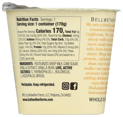 Bellwether Farms 6 OZ Vanilla Sheep Milk Yogurt