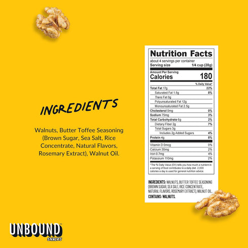 4 oz (Pack 4) 4g 3g 3, Unbound Snacks Flavored Nuts - Butter Toffee Walnuts, of - Healthy Snacks, Protein, Sugar, High