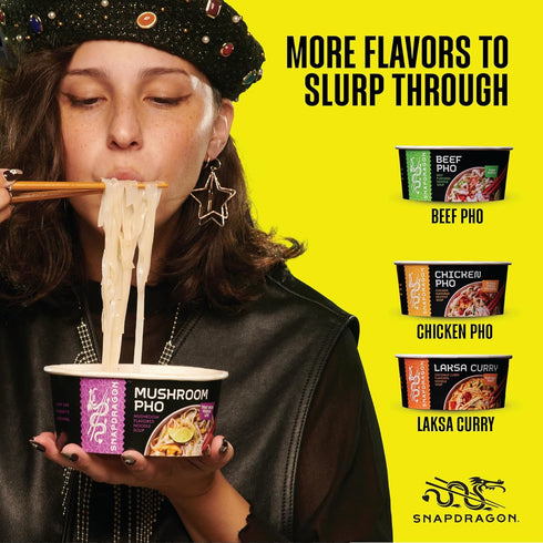 2.1 oz (6 Pack) Snapdragon Mushroom Pho Instant Noodle Bowls | Mushroom Flavor Broth with Rice Noodles | Gluten Free |