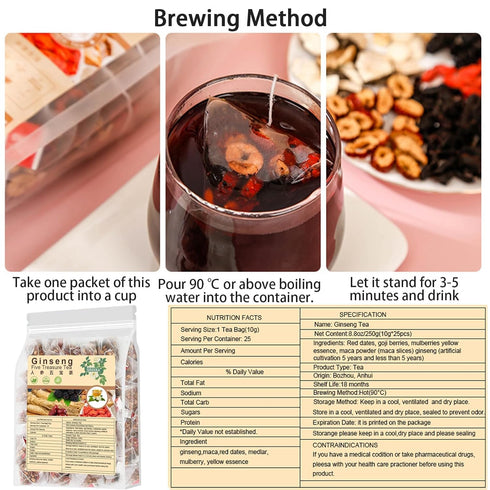 6 (2Pack-50Bags) Ginseng Five Treasures Tea - Kidney Tea Formula Ginseng Six Treasure Ingredients Wubao Herbal Red Date