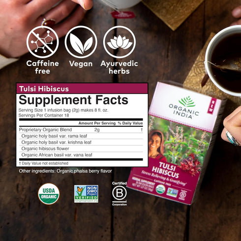 Organic India Tulsi Hibiscus Herbal Tea - Holy Basil, Stress Relieving, Immune Support, Vegan, USDA Organic, 18