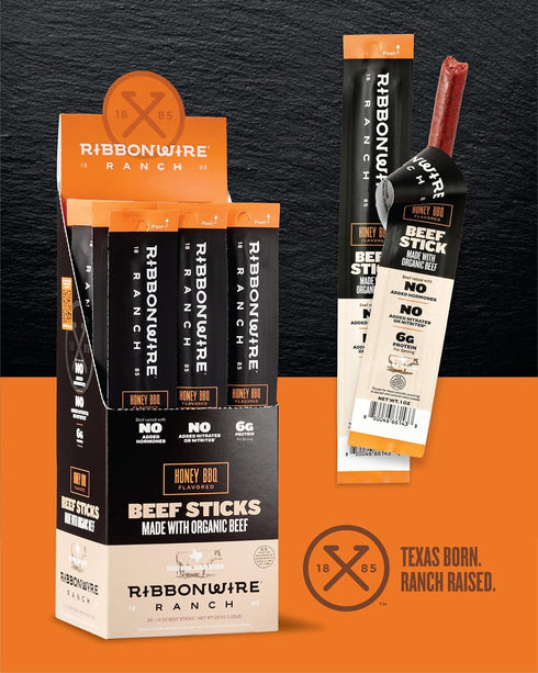 1 Oz 20 Pack Ribbonwire Ranch Beef Sticks, Made with Organic Beef, Pasture Raised, High Protein Snack, Healthy, Low