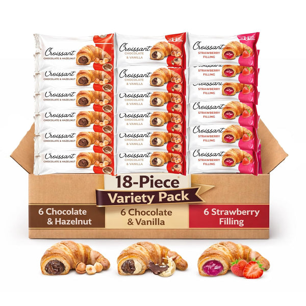 SUNGOODS Croissant Variety Pack 18 Individually Wrapped Croissants, 6 Chocolate Hazelnut, 6 Chocolate