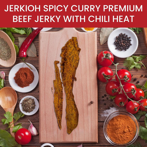 Pack, 10 oz Jerkioh Spicy Curry Premium Beef Jerky Authentic Vietnamese Street Food Flavor with Chili Heat | Gourmet