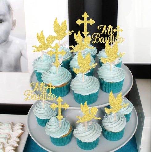 24 Pack Spanish Mi Bautizo Cupcake Toppers, Glitter Cross Angel Dove Picks for Religious Baby Shower Birthday Party
