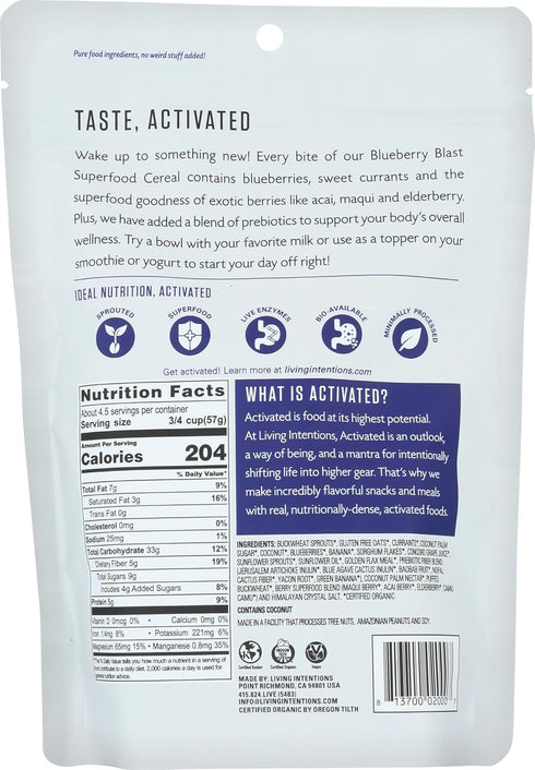 Living Intentions 9 Organic Superfood Cereal Blueberry Blast NonGMO Gluten Free Vegan Paleo Kosher Ounce Unit