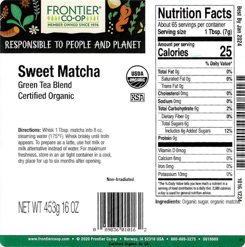 16 Oz, Frontier Co-op Organic Sweet Matcha Green Tea Powder, Bulk Bag