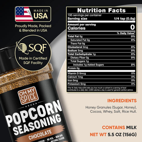 5.5oz Popcorn Seasoning Chocolate Powder Mix - Gluten Free & Low Sodium Cocoa Powder Blend Popcorn Flavoring Seasoning.
