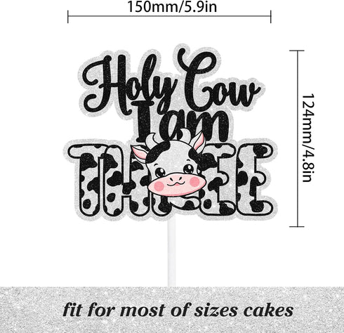 LIANGSS Holy Cow I'm Three Cake Topper Kids Happy Birthday Cute Dairy Cow Decoration, Boys and Girls Birthday Party