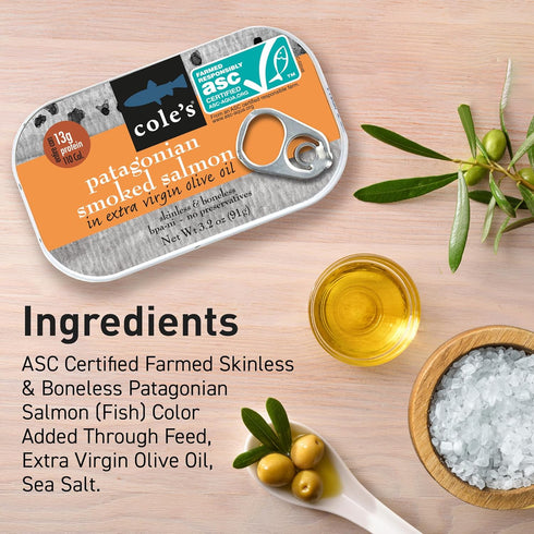 Packed 3.2 oz COLE'S SEAFOOD - Hand Smoked Salmon in Olive Oil, Preservative Free Seafood, Canned Fish, High in Protein