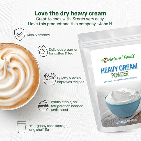 1-Year 1 lb Z Natural Foods Heavy Cream Powder - Nutrient-Dense, Delicious Powdered Cream with Shelf Life - Easy to Use