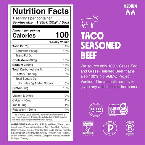 8 Count, 1.15 OZ Chomps Grass-Fed and Finished Taco Beef Stick