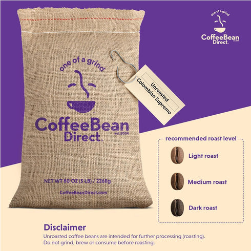 5 (Pack 1) Coffee Bean Direct Unroasted Colombian Supremo, Raw Arabica Coffee Beans for Home Roasting, Pound