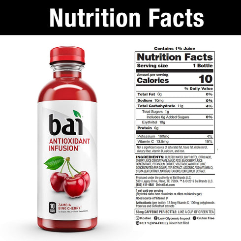 18 Oz (Pack 12) Bai Flavored Water, Zambia Bing Cherry, Antioxidant Infused Drinks, Fl