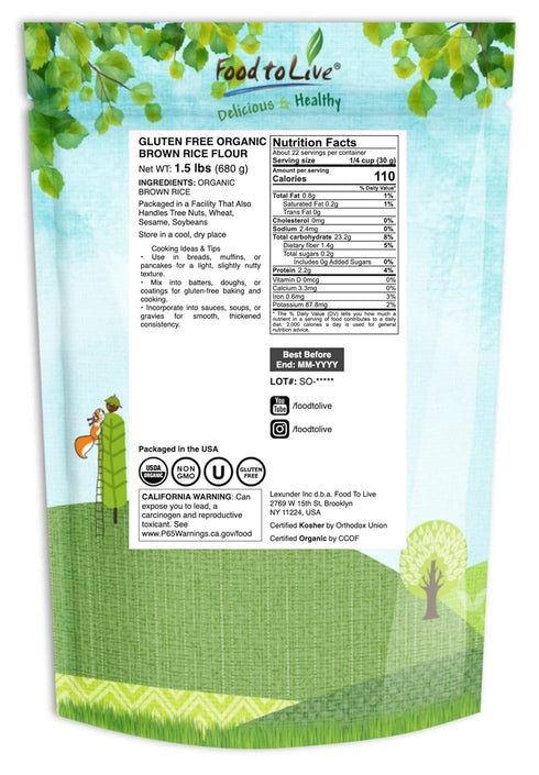 1.5 Food to Live Gluten Free Organic Brown Rice Flour, Pounds Non-GMO Whole Grain Flour, Fine Meal, Vegan, Bulk. Great