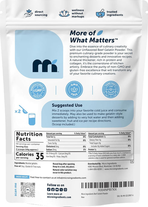 2lb (32oz) Beef Gelatin Powder, | Premium Source from Grass-Fed & Pasture Raised Beef | Unflavored Thickening Agent