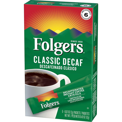 6 Packets (Pack 12) Folgers Classic Decaf Decaffeinated Instant Coffee Crystals, Single Serve