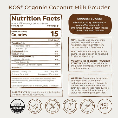 0g 12.6oz, 179 KOS Organic Coconut Milk Powder, USDA Certified Organic - Sugar, MCT Plant Based Creamer for Coffee