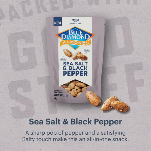 8 (Pack 1) Blue Diamond Almonds, Premium Sea Salt and Black Pepper Flavored Snack Nuts Perfect Mix for Lunches