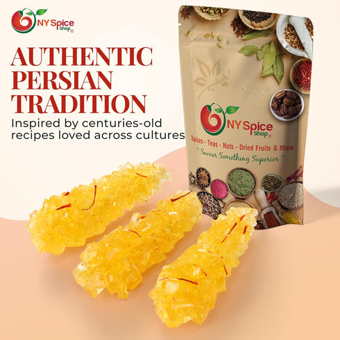 3 NY Spice Shop Golden Crystal Rock Candy with Saffron - Pound Natural Sugar Crystals Infused with Pure Saffron Strands
