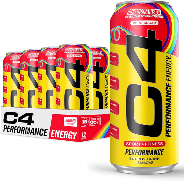 C4 Performance Energy Drink Cosmic Rainbow, Zero Sugar Carbonated Preworkout Energy, 200mg