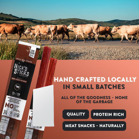 100% Whole30 (12 1.7oz. Packages 2 Nick's Sticks Clean & Balanced Grass-Fed Spicy Beef Snack Sticks | Made in the USA |