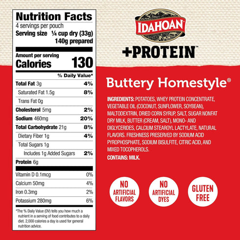 100% 4 4.6 (Pack 10) Idahoan Buttery Homestyle +Protein Mashed Potatoes, Naturally Gluten-Free, Real Idaho Potatoes