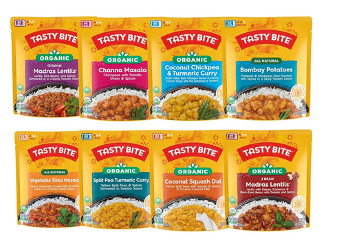 Tasty Bite Variety, Pack of 8, Madras Lentils, Bombay Potatoes, Vegetable Tikka