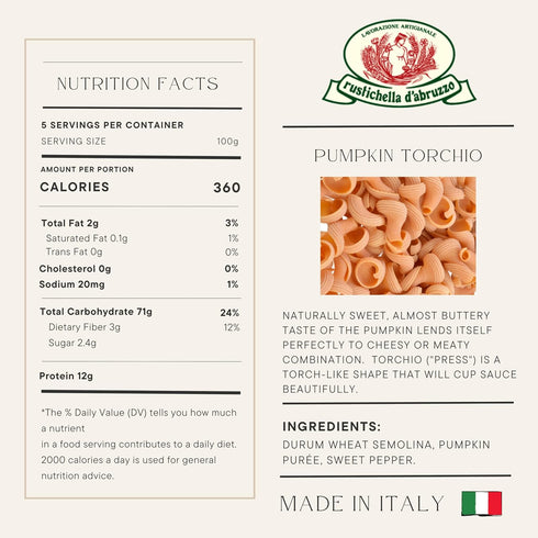 500 (1.1 Lb) Rustichella D' Abruzzo Zucca Di Fior Pumpkin Torchio Pasta Grams