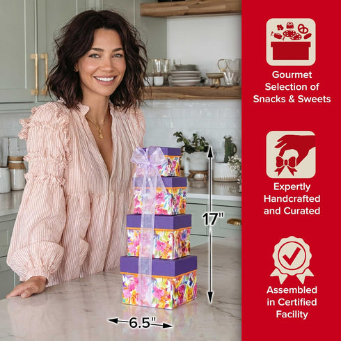 Package Broadway Basketeers Mother's Day Tower, Gift tower and Gourmet Snack Care for Mom, Her, Birthday, Thank You
