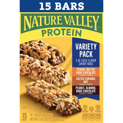 Pack, 10g 15 Count, 21.3 oz Nature Valley Protein Bars Variety Gluten Free Chewy Granola Snack Bars, Protein, Peanut