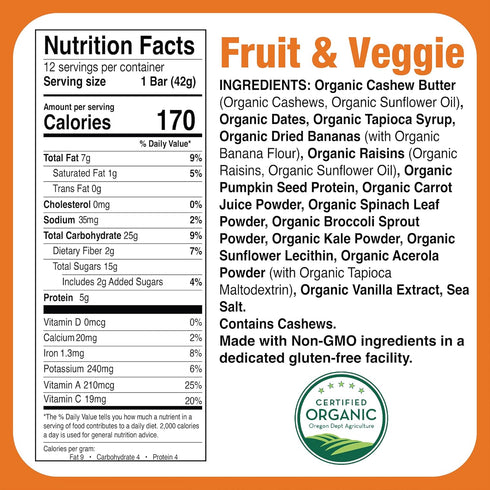 12 Pack Just Great Stuff Organic Protein Bars, Superfood Fruit and Vegetable Bars, Gluten Free, Vegan, Non GMO, Snacks