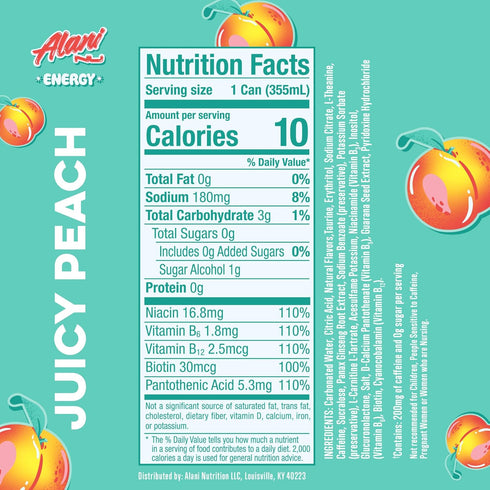200mg 10 12 Oz 24 Pack Alani Nu JUICY PEACH, Sugar Free, Low Calorie Energy Drinks, Caffeine, Biotin, B Vitamins, Zero
