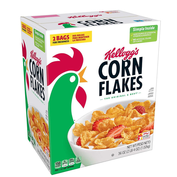 Corn Flakes Kellogg's Breakfast Cereal, 8 Vitamins and Minerals, Healthy Snacks, Original, 36oz Box