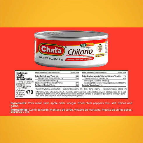 5 oz (Pack 6) Chata Mexican Pork Chilorio, Seasoned Shredded Pork, Can