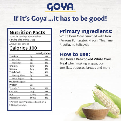 Pack 2 (35.2 oz Goya Pre-Cooked White Corn Meal for Cooking, of Bags) Authentic Masa Harina for Arepas, Empanadas
