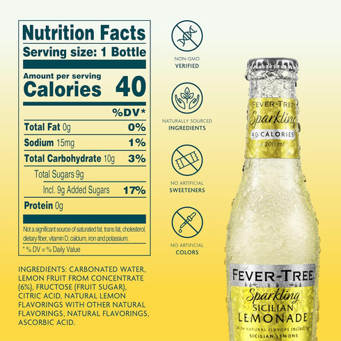 6.8 oz Pack 4 Fever-Tree Sparkling Sicilian Lemonade Premium Soda Mixer for Cocktails and Mocktails, fl Bottles