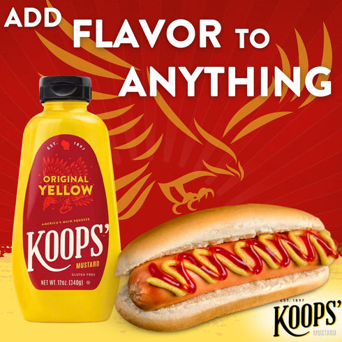 Koops' Original Yellow Mustard – Gourmet Mustard, Gluten-Free, Kosher, Made in USA, From Quality Mustard Seeds, Yellow Mustard Sauce – 12 Oz, Pack of 12