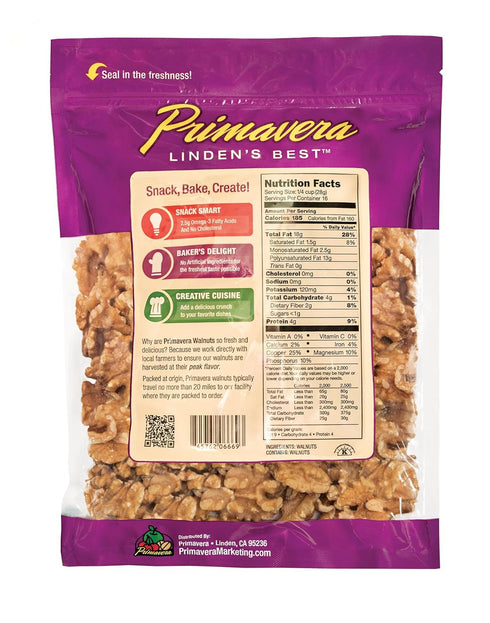 Primavera 1lb 100% Walnuts Halves and Pieces - Raw Unsalted Walnuts California Grown