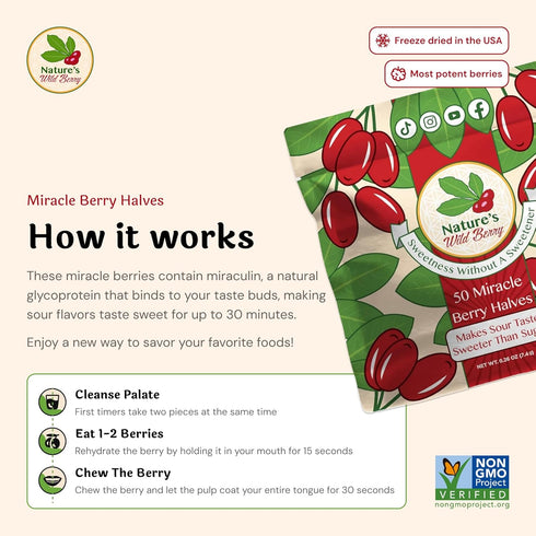 50 Pack Nature's Wild Berry Miracle Berries Flavor-Changing Berry Halves | Resealable Refill | Freeze-Dried in USA |