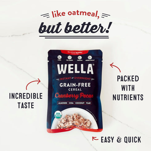 Packets, (10 Count, 1.6 oz. Packets) Wella Cereal Oatmeal Alternative, Gluten-Free Breakfast Hot Cereal, Grain-Free