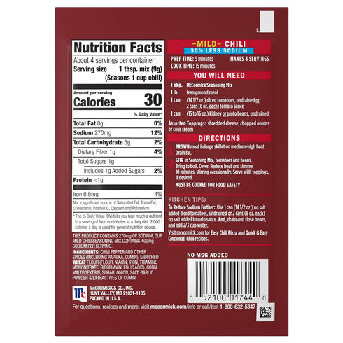 30% 1.25 Oz McCormick, Less Sodium Mild Chili Seasoning Mix