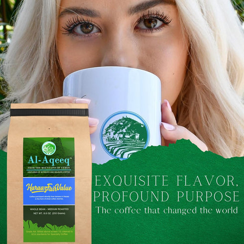 Al-Aqeeq Whole Bean Yemen Coffee - Haraaz Region, Specialty Organic Arabica, Low Acid Medium Roast, Freshly Roasted
