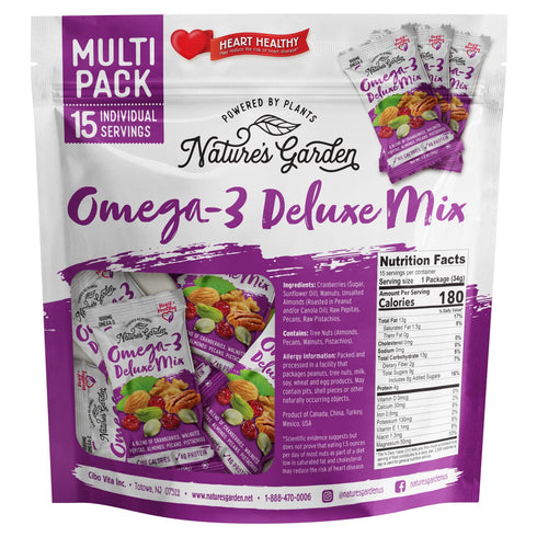 Nature's Garden Omega 3 Deluxe Mix - Trail Mix, Deluxe Mix Nuts, Heart Healthy, Gluten Free, Cholesterol Free, Sodium Free, No Artificial Ingredients - 1.2 oz Bags (15 Individual Servings)