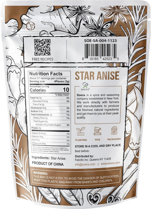 4oz (113g), Soeos Chinese Star Anise, Whole Star Anise Pods for Baking, Cooking, and Spice Blends, Aromatic and Bold